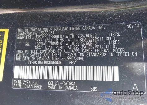 2011 Lexus Rx 350 z USA, uszkodzony, nr VIN 2T2BK1BA1BC086809